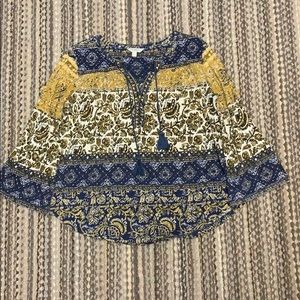 LUCKY BRAND BOHO GOLD AND BLUE TOP 3/4 FLAR SLEEVE